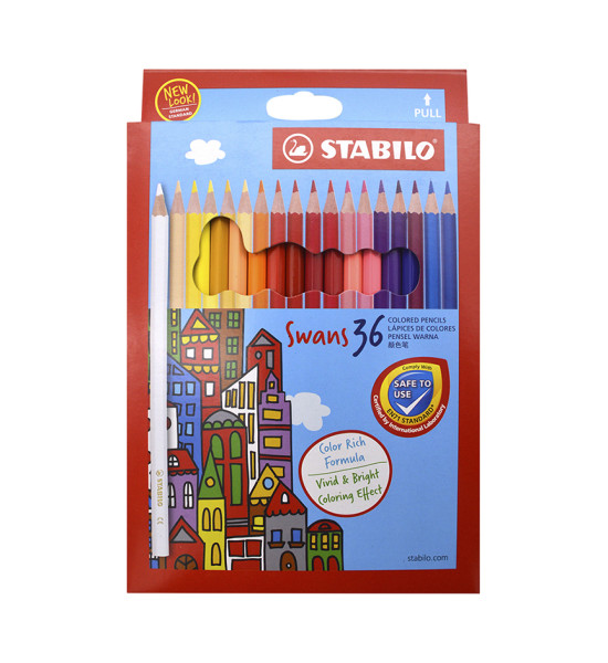 Lápices de Color, Largos, Swans (Diseño Jóvenes-Adultos), Cuerpo Hexagonal, Mina 2.5 mm, Estuche x 36 Colores. 